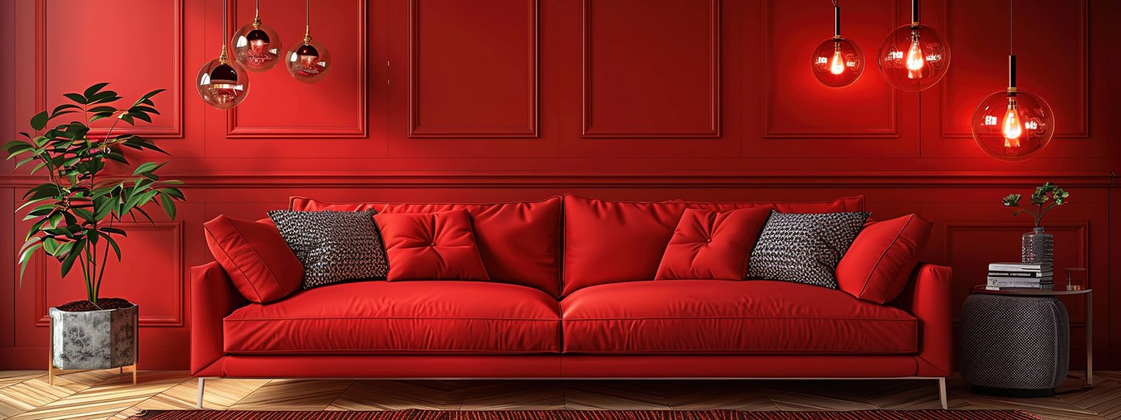 Create a modern interior design image of a stylish living room. The room should feature a sophisticated red color scheme with a sleek sofa in matching red tones. Add a few decorative pillows, including one with a patterned design. The walls should have elegant paneling, also in red. Include some hanging pendant lights with transparent glass globes. Incorporate indoor plants in stylish pots to add a touch of greenery. The flooring should be wooden with a herringbone pattern. Place a side table with some books and a plant on it next to the sofa. Ensure the overall atmosphere is serene and contemporary.--chaos 10 --ar 8:3 --stylize 250 Job ID: 6dee6ab1-4e4d-4a91-a4d6-2a0fc3b387c7