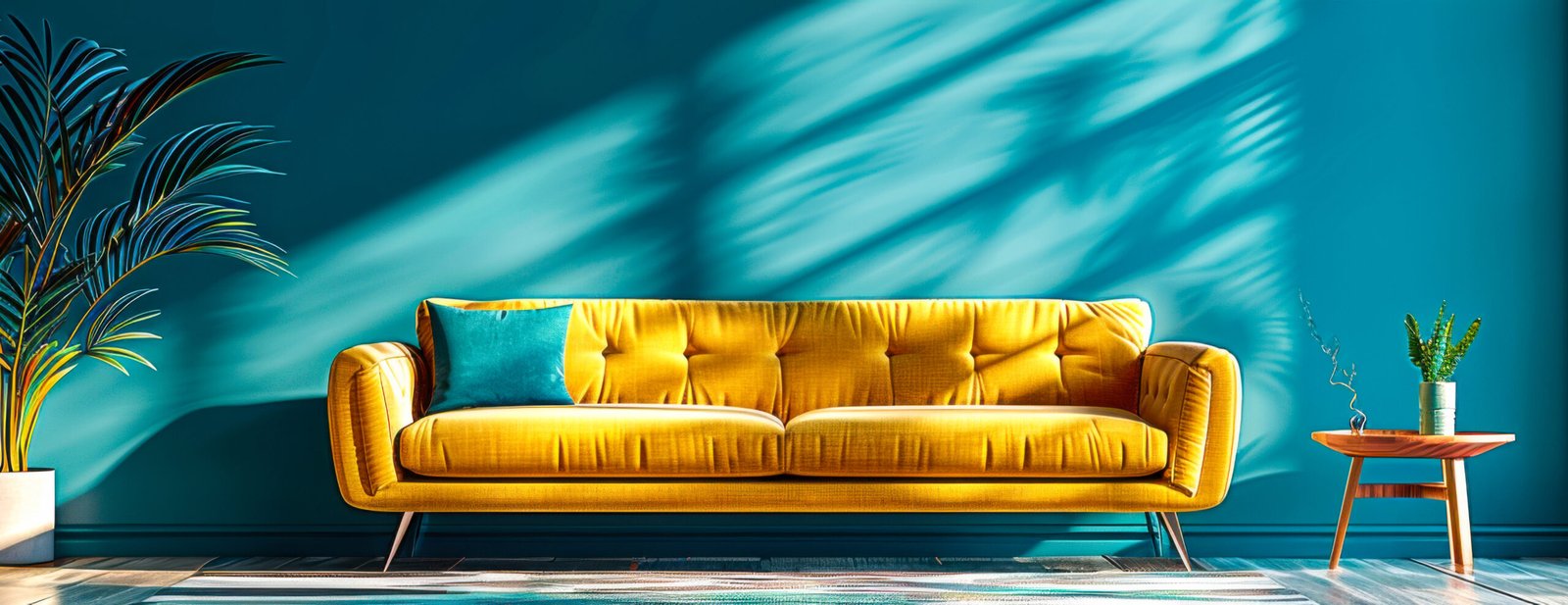 Modern living room with yellow sofa, blue wall, and potted plant